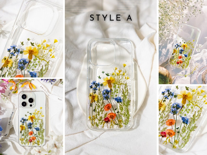 Handmade Pressed Flower Phone Case for iPhone 15 14 13 12 11 Pro Max X XR 8 SE case, Samsung Galaxy S23 Ultra case, Google Pixel 8 Pro case Style A