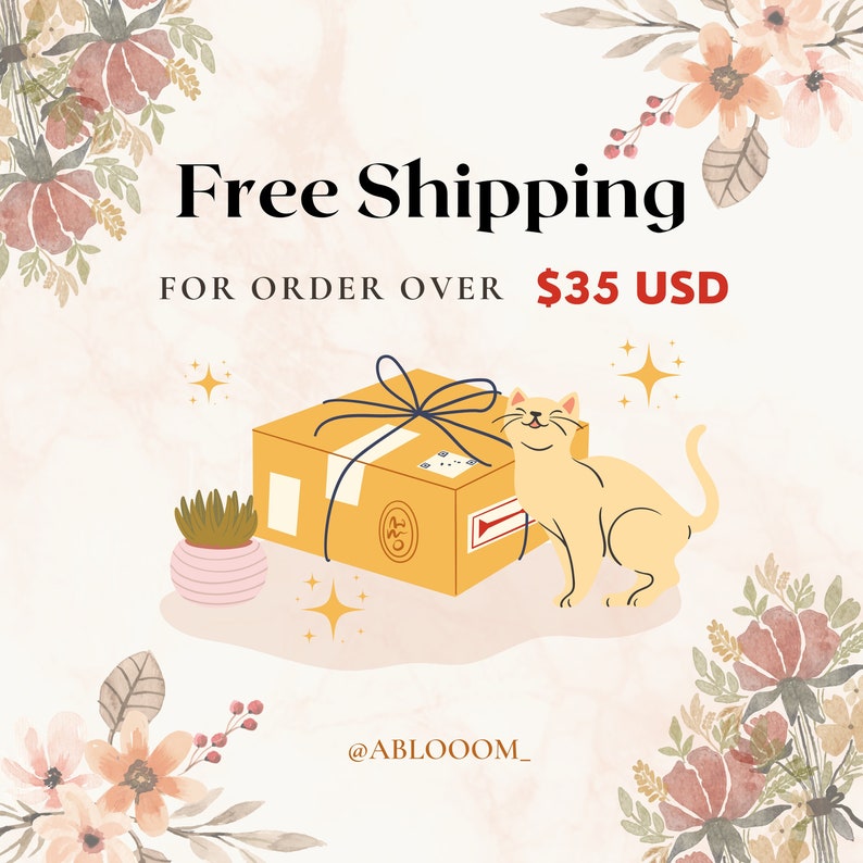 May include: A yellow box with a brown ribbon and a cat sitting next to it. The box has a red stamp that says "OFF". The text "Free Shipping for order over $35 USD" is above the box. The background is a light pink with floral designs.