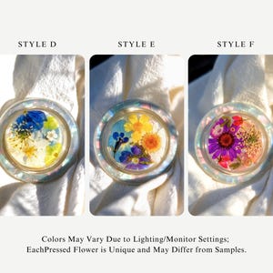 May include: Three round, clear resin objects with pressed flowers inside, labeled Style D, E, and F. Style D features blue, white, and yellow flowers. Style E has yellow, orange, and blue flowers. Style F displays pink and purple flowers. Text: Colors May Vary.