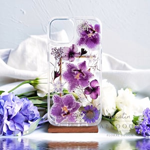 Purple Pressed flower phone case for iPhone 15 14 13 12 11 pro max X SE case, Samsung Galaxy S22 S23 Ultra case, Google Pixel 6 7 8 pro case image 1