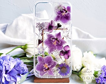 Coque pour iPhone 15 14 13 12 11 pro max X SE, fleurs pressées violettes, coque Samsung Galaxy S22 S23 Ultra, coque Google Pixel 6 7 8 pro