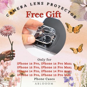 May include: A clear camera lens protector with multiple circles for iPhone 16 Pro, iPhone 16 Pro Max, iPhone 15 Pro, iPhone 15 Pro Max, iPhone 14 Pro, iPhone 14 Pro Max, iPhone 13 Pro, and iPhone 13 Pro Max phone cases. The text "Free Gift" is written in red letters on a pink background with flowers and butterflies. The text "Only for" is written in black letters on a white background. The text "Phone Cases" is written in black letters on a white background. The text "ABLOOOM" is written in black letters on a white background.