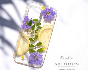 Pressed flower Lemon phone case for iphone 15 14 13 12 11 pro max SE case, Samsung galaxy s21 S22 S23 S24 case, Google Pixel 6 7 8 Pro case