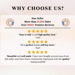 May include: A graphic with the text "WHY CHOOSE US?" and customer testimonials. The image highlights the seller's high sales volume, positive reviews, and customer satisfaction with phrases like "Easy to talk to" and "Beautiful and well made."