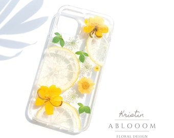 Pressed Flower lemon phone case for iPhone 7 11 12 13 14 15 16 plus pro max case, Samsung S24 fe ultra case, Google Pixel 5 6 7 8 pro case