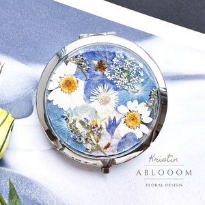 Real Pressed Flower Compact Mirror, Bridesmaid gift, Floral Compact Mirror, Travel Pocket Mirror, Wedding Vintage Gift for Her, Gift for her