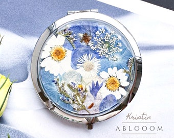 Véritable miroir compact à fleurs pressées, cadeau de demoiselle d'honneur, miroir compact floral, miroir de poche de voyage, cadeau de mariage vintage pour elle, cadeau pour elle