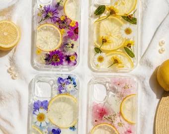 Real Pressed Flower Phone Case with Lemon, Floral iPhone Case for 1 17 6 15 14 13 Pro Max, Dried Botanical Cover, Cottagecore Summer Gift