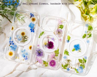 Personalized Initial Pressed Flower MagSafe case iPhone 16 15 14 13 12 Pro Max case, MagSafe Custom Name iPhone case, Custom Gift for Her