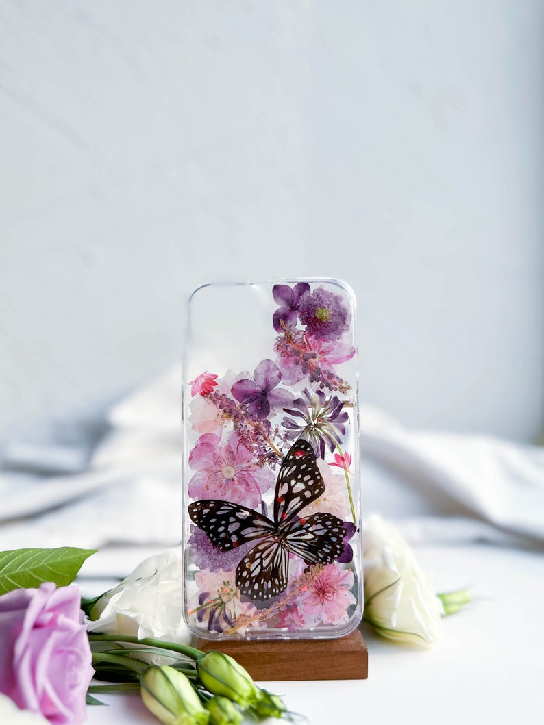 Coque de portable fleurs pressées avec papillon pour iPhone 7 8 X XR 11 12 13 14 15 pro max, Samsung S20 S21 S22 fe, coque Google Pixel 6 7 8 Pro image 7