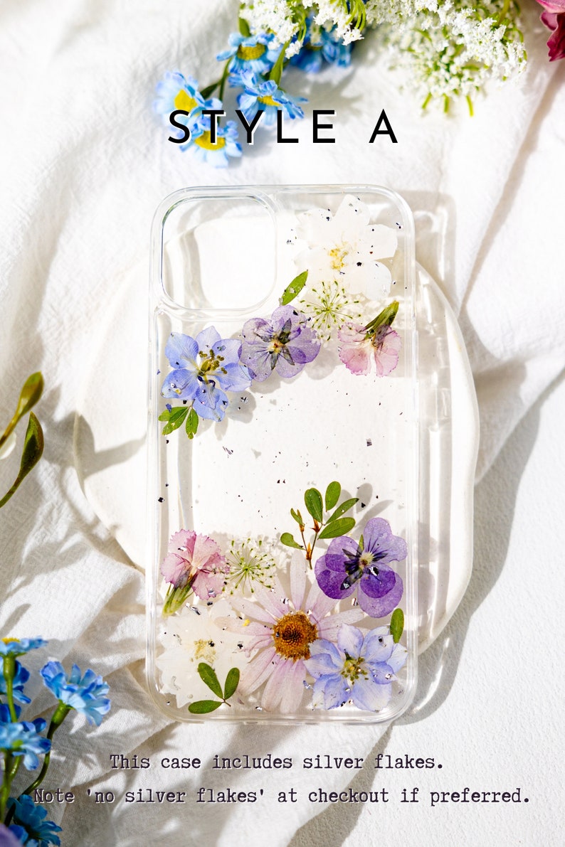 Handmade Pressed Flower for iPhone 15 14 13 12 11 Pro Max X SE phone case, Samsung Galaxy S22 S23 S24 Ultra case, Google Pixel 7 8 Pro case Style A