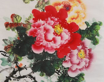 Original Chinese Water Ink Painting of Colorful Peony Flower on Rice Paper, Brush Painting, Flower Wall Art, Home Decor