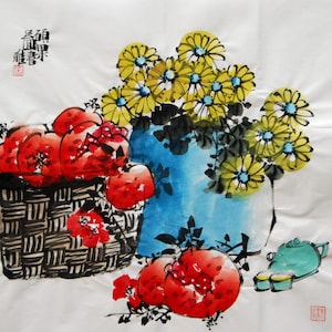 Original Chinese Water Ink Painting of Chrysanthemum Blossom and Pomegranates on Rice Paper, Brush Painting, Flower Wall Art, Home Decor