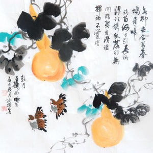 Original Chinese Water Ink Painting of Gourds and Birds on Rice Paper, Brush Painting, Flower Wall Art, Home Decor by He Shaojie(贺绍杰)