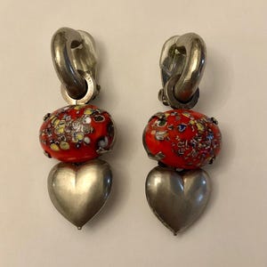 Vintage Zoe Coste Paris Dangle Clip On Earrings Silver Tone with Hearts and Red Glass Cabochons Runway Designer Couture Luxe