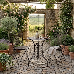 Może przedstawiać: Zestaw bistro z kutego żelaza w kolorze ciemnobrązowym, składający się z okrągłego stołu i dwóch krzeseł. Stół ma dekoracyjny wzór i jest ustawiony z dzbankiem, szklankami i notatnikiem. Krzesła mają ozdobne oparcia. Scena rozgrywa się na brukowanym patio.
