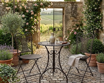 Conjunto de bistrô Eliza elegante com design vintage romântico – perfeito para varanda, terraço e jardim.