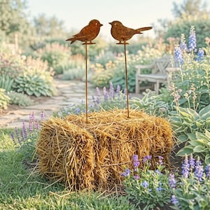 Könnte beinhalten: Zwei rostige Metall-Vogel-Gartenstecker sind in einem Heuballen platziert. Die Vögel blicken sich an, und der Heuballen steht in einem Garten mit grünem Gras und lila Blumen. Die Vögel sind ein dekoratives Gartenaccessoire.