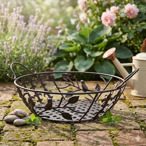 May include: A decorative, dark metal basket with a lattice base and leaf and bird accents. The basket has two handles and is sitting on a brick surface. The background includes flowers and a watering can.