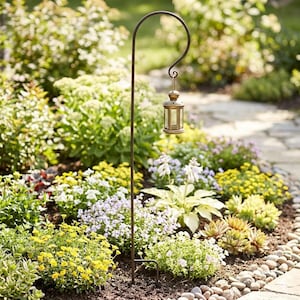 May include: A bronze-colored garden shepherd's hook with a decorative lantern hanging from the curved top. The lantern has a gold finish and clear glass panels. The hook is placed in a garden bed filled with colorful flowers and greenery.