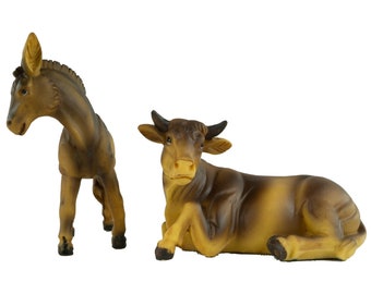 Figuras de belén pintadas a mano, buey y burro, 2 partes, 10,5 cm aprox, K 005-03