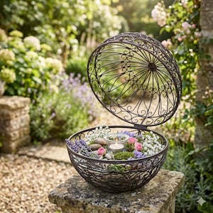Op de afbeelding: Een open, decoratieve metalen container met een scharnierend, gewelfd deksel. De container bevat een brandende kaars, kleine stenen en een assortiment bloemen en groen. De container staat op een stenen oppervlak, met een tuin op de achtergrond.