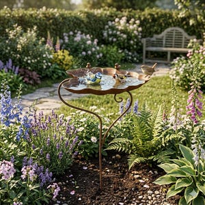 Vasca per uccelli, decorata con ornamenti e due piccoli uccelli, circa 84 cm - decorazione da giardino