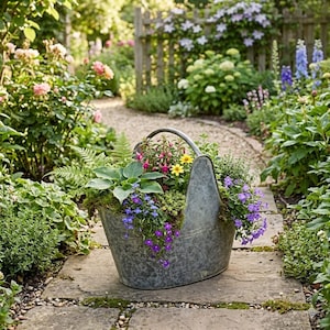 Op de afbeelding: Een gegalvaniseerde metalen tuinbak gevuld met een verscheidenheid aan kleurrijke bloemen en groen. De bak heeft een handvat en staat op een stenen pad in een tuin. De bloemen omvatten roze, gele en paarse bloemen.
