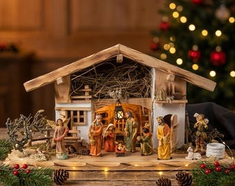 Prachtige handgemaakte kerststal van Neunhof, inclusief 12-delige figurenset K 650-9, afmetingen: ca. 58 x 25 x 25 cm, figuren 9,5 cm.