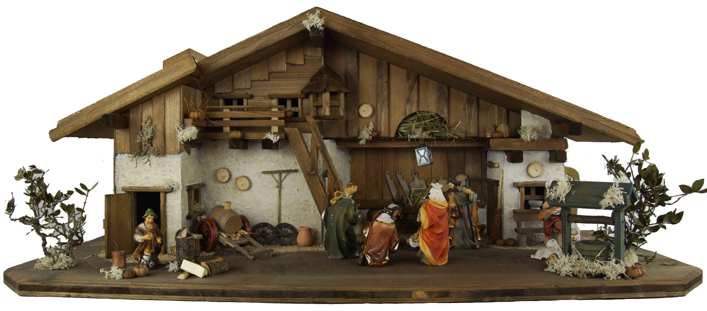 Atmospheric handcrafted Christmas crib Gotthard dark including 12-piece figure set K 001, crib: approx. 90 x 40 x 40 cm, figures 11 cm
