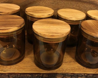 NEW Empty Glass Candle Jar Amber color With Wood Bamboo Lid & seal
