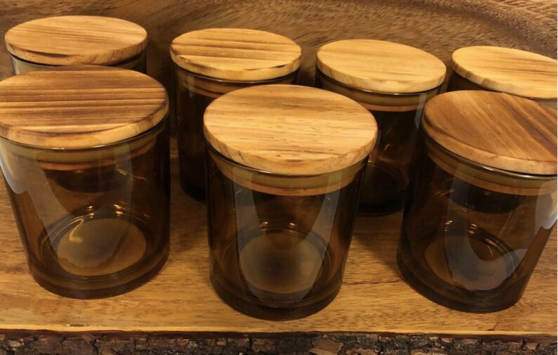 NEW Empty Glass Candle Jar Amber color With Wood Bamboo Lid & Etsy