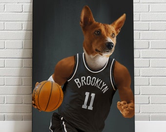 Portrait d'animal de compagnie personnalisé, filets de Brooklyn, cadeau de fan de basket-ball, amoureux des animaux drôles, fête des pères
