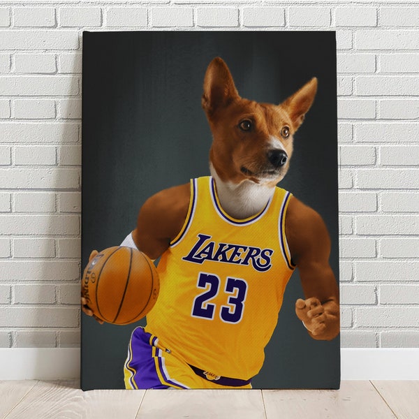 Portrait d'animal de compagnie personnalisé, Los Angeles Lakers, cadeau de fan de basket-ball, amoureux des animaux drôles, fête des pères