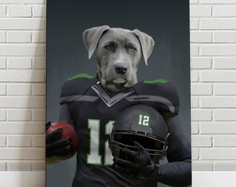 Custom Pet   Portrait Football Seattle Seahawk Canvas Funny Pet Lover Fathers Day