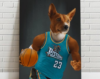 Portrait d'animal de compagnie personnalisé, Detroit Pistons, cadeau de fan de basket-ball, amoureux des animaux drôles, fête des pères