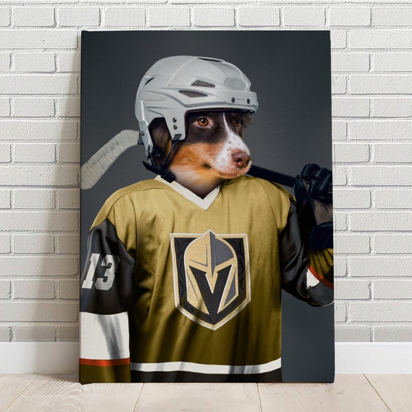 Custom Pet Portrait Ice Hockey Vegas Golden Knights Canvas Funny Pet Lover Fathers Day