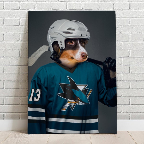 Custom Pet Portrait Ice Hockey San Jose Sharks Canvas Funny Pet Lover Fathers Day