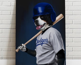 Retrato de mascota personalizado Béisbol LA Dodgers Lienzo Divertido amante de las mascotas Día del padre