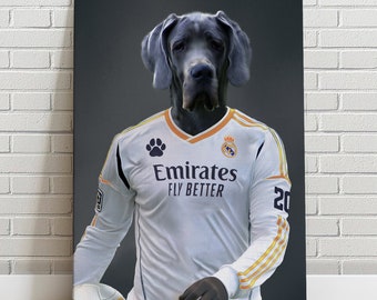 Portrait d'animal de compagnie personnalisé Coupe du monde de football du Real Madrid CF, toile de football drôle, amoureux des animaux de compagnie