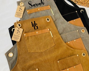 Personalized Apron with High-Quality Materials Workmanship, Leather Strap Solid Brass Hardware Cotton Canvas, Couple Gift, Father's Day gift