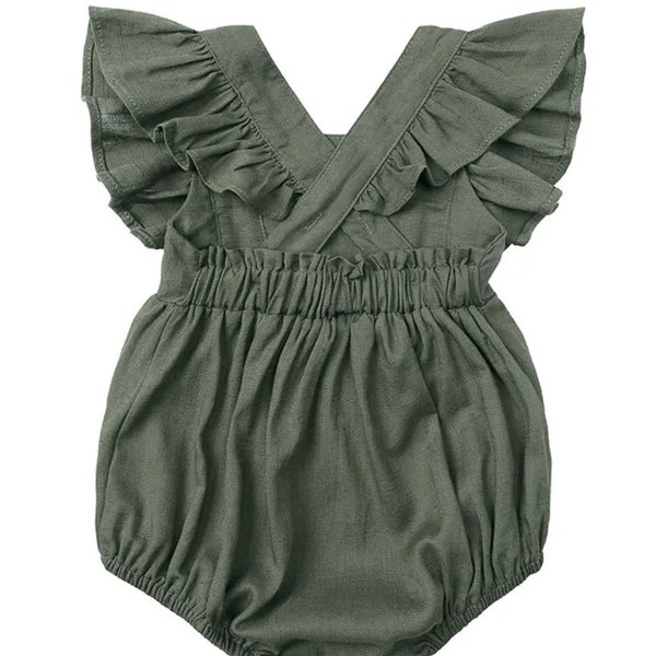 Personalized Name Green Boho Linen Ruffle Bum Baby Romper