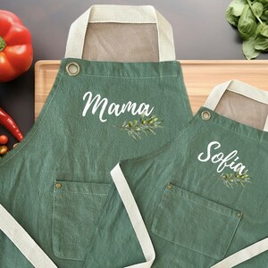 Personalized Linen Apron with Branch Olive, Custom Name Cooking Apron Pockets Adult Kid Apron, Baking, Painting Apron, House warming Gift zdjęcie 2