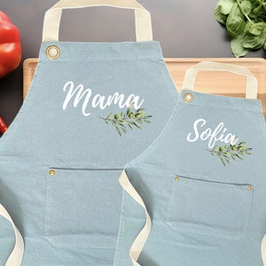 Personalized Linen Apron with Branch Olive, Custom Name Cooking Apron Pockets Adult Kid Apron, Baking, Painting Apron, House warming Gift zdjęcie 3