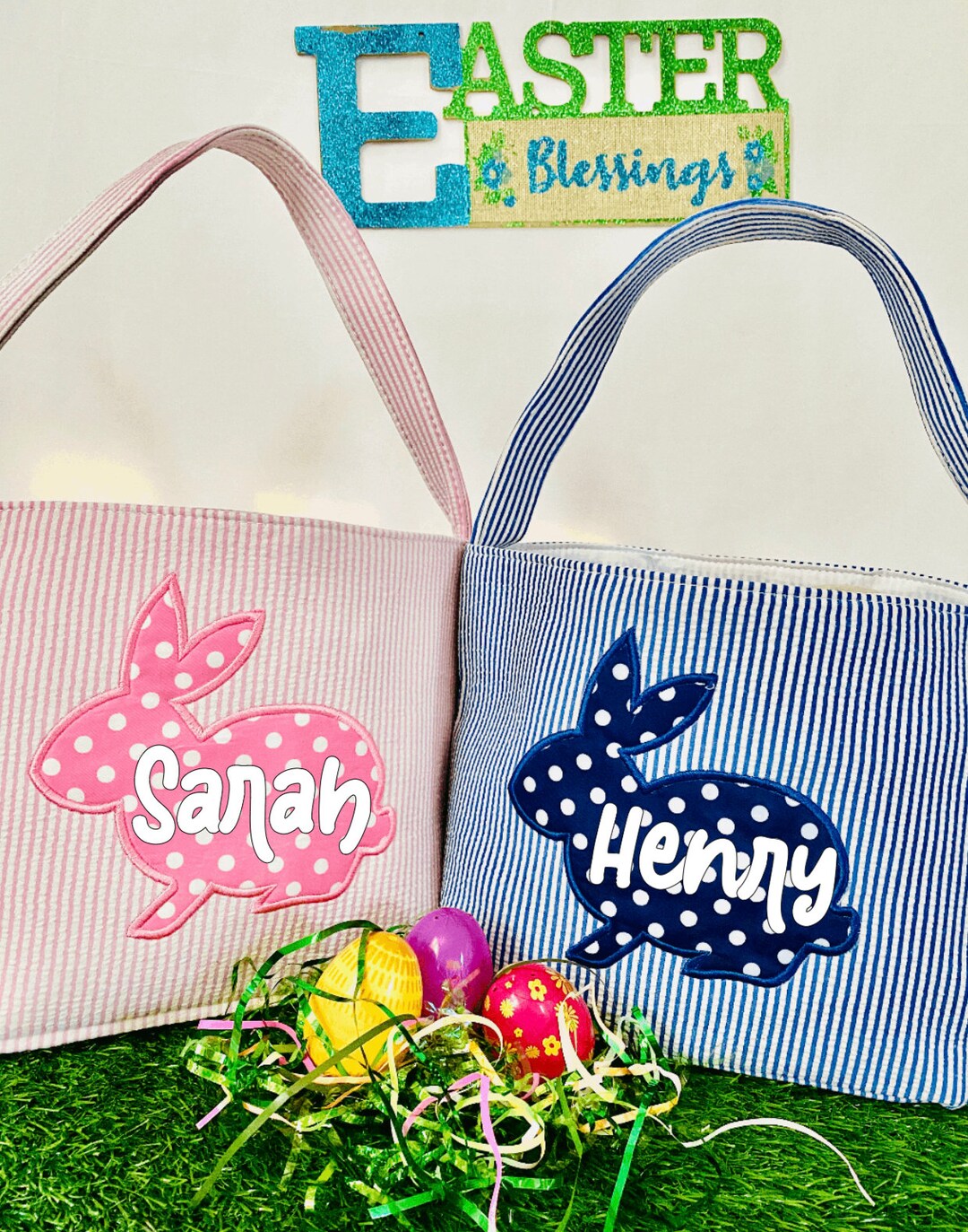 Personalized Easter Baskets Bunny Bucket Seersucker Easter Etsy