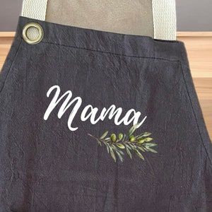 Personalized Linen Apron with Branch Olive, Custom Name Cooking Apron Pockets Adult Kid Apron, Baking, Painting Apron, House warming Gift zdjęcie 4