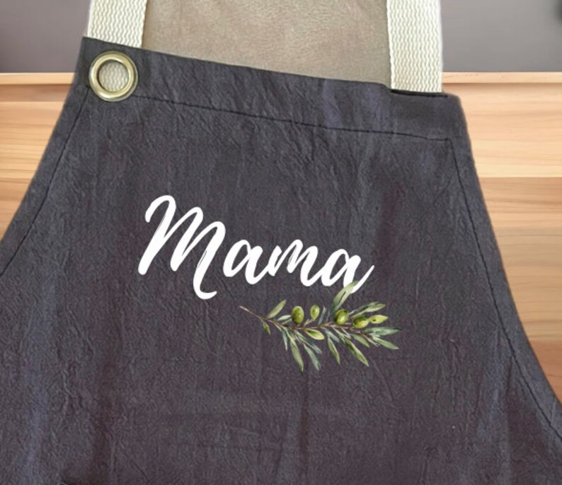 Personalized Linen Apron with Branch Olive, Custom Name Cooking Apron Pockets Adult Kid Apron, Baking, Painting Apron, House warming Gift zdjęcie 4