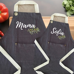 Personalized Linen Apron with Branch Olive, Custom Name Cooking Apron Pockets Adult Kid Apron, Baking, Painting Apron, House warming Gift zdjęcie 1