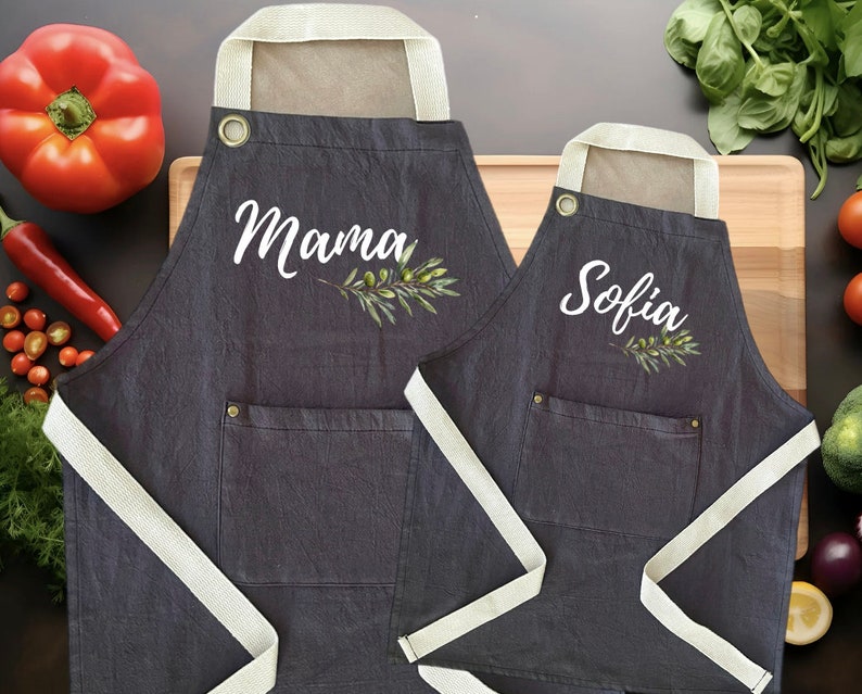 Personalized Linen Apron with Branch Olive, Custom Name Cooking Apron Pockets Adult Kid Apron, Baking, Painting Apron, House warming Gift zdjęcie 1
