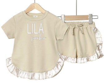 Beige color T-Shirt and Shorts Set for Kids | 2 Piece Set Personalized shirt, girls name shirt, Outfit Ruffle shorts,12-24 m, 2-3years, 3-4y